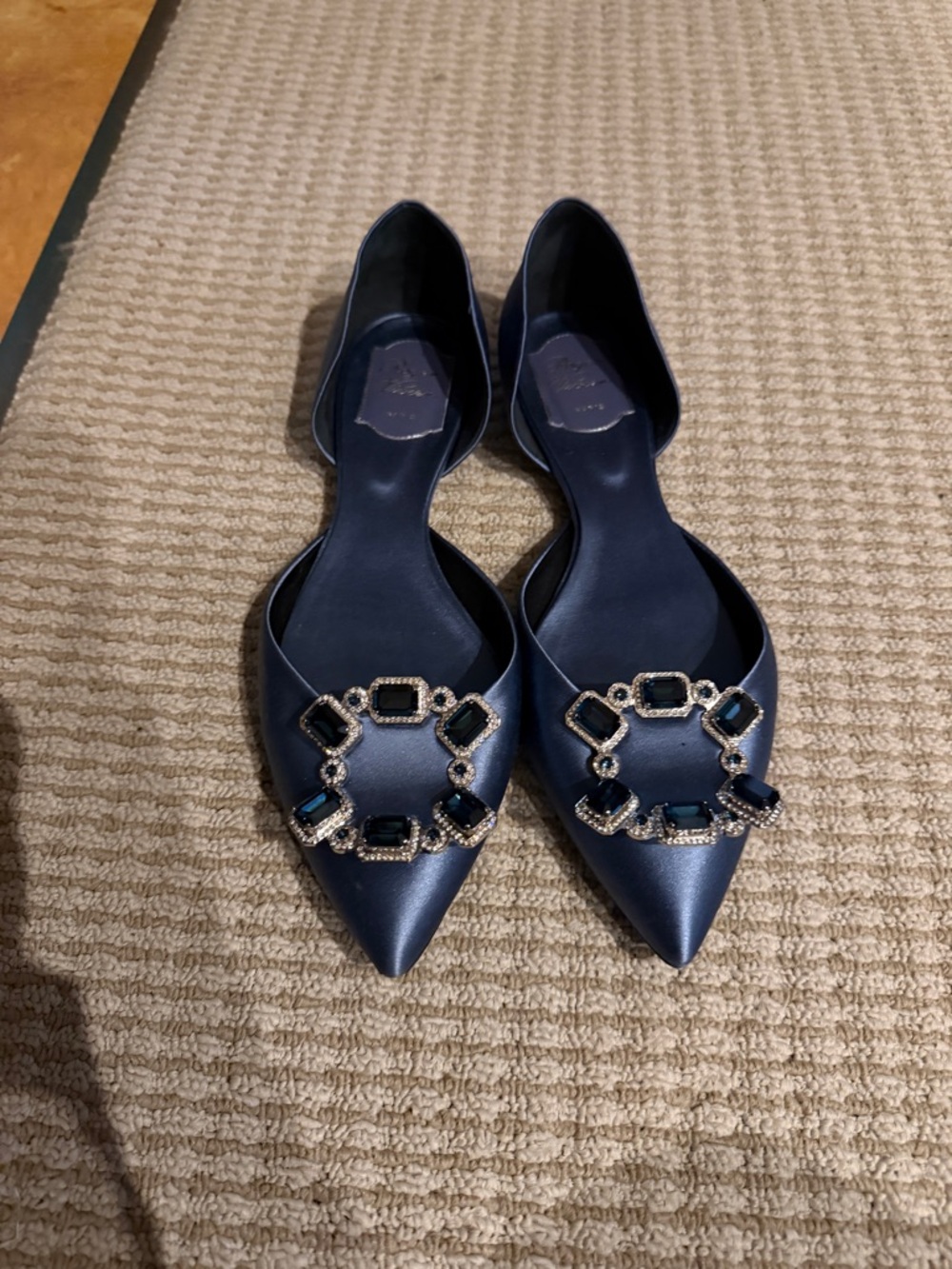 Roger Vivier Navy Pointed-Toe D'Orsay Flats with Jeweled Buckle